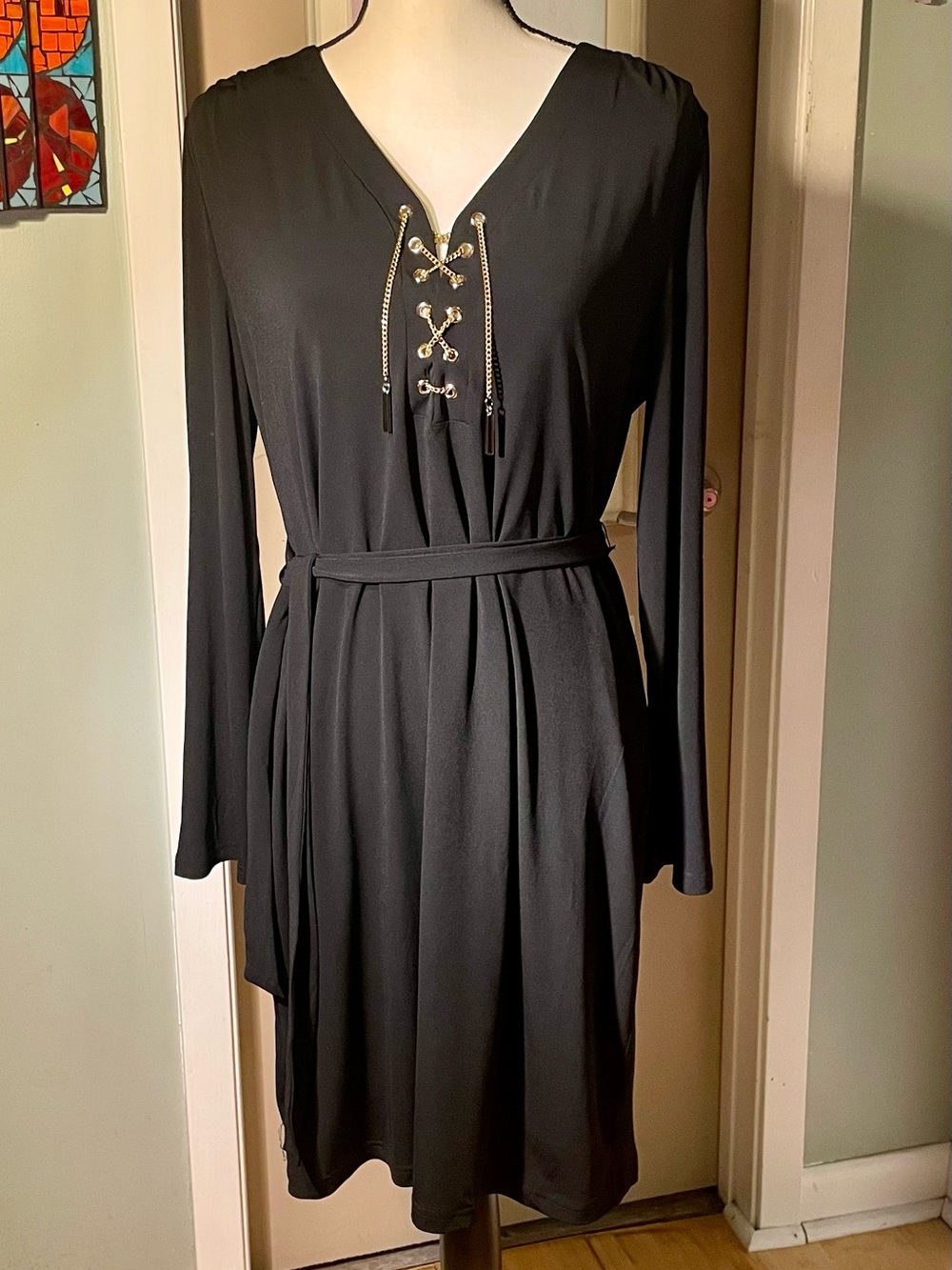 Spense Black Long-Sleeve V-Neck Dress with Gold Lace-Up Detail